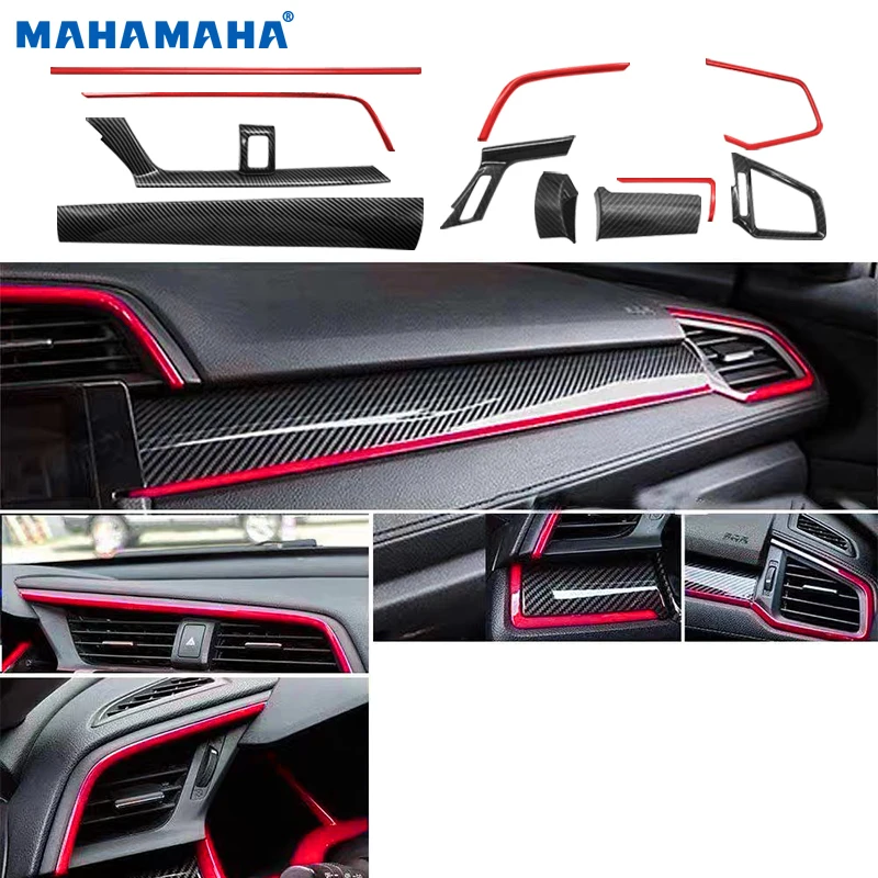 11Pcs For Honda Civic Seden 2016 2017 2018 2019 2020 Carbon Fiber Car Console Center Dashboard Cover Trim Decorative Stickers