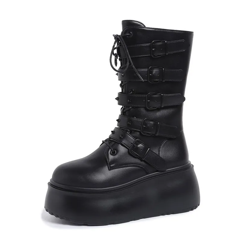 Women Brand Fashion Gothic Boots for Women Street Woman Boots Wedges Buckles Glittered Black Chunky Platform Motorcycles Boot