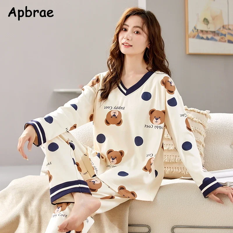 Cute Bear Print Pajamas for Women Autumn Winter Long Sleeve Cotton Sleepwear Soft Pijamas Leisure Cartoon Girls Homesuits Pjs