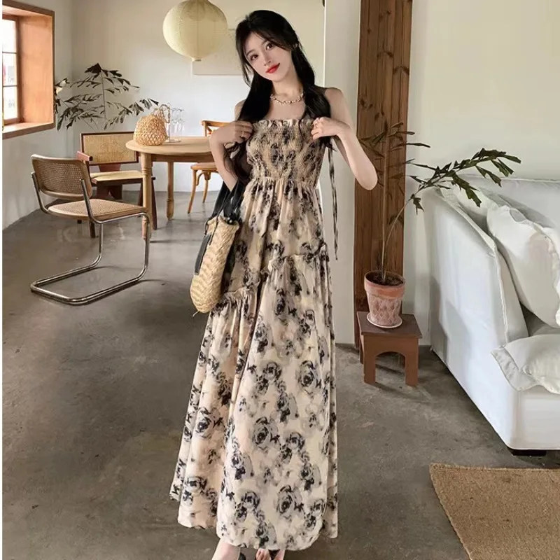 

Summer Rose Pattern Sweet Elegant Halter Dress Slash Neck Floral High Waist Pleats Long Dress Patchwork Holiday Style Boho Dress