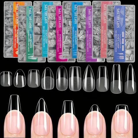 600Pcs False Nail Tips Semi-Matte Finish Almond French Coffin Stiletto Oval Square Shapes with Front Edge Thickened Fingertips