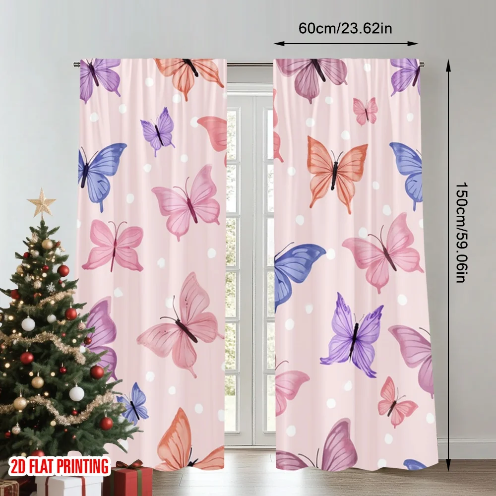 2 قطعة 2D الطباعة المسطحة المشهد الستائر الوردي المائية الفراشات الرقمية المطبوعة البوليستر الستائر احتفالي جدار ديكور للعيش