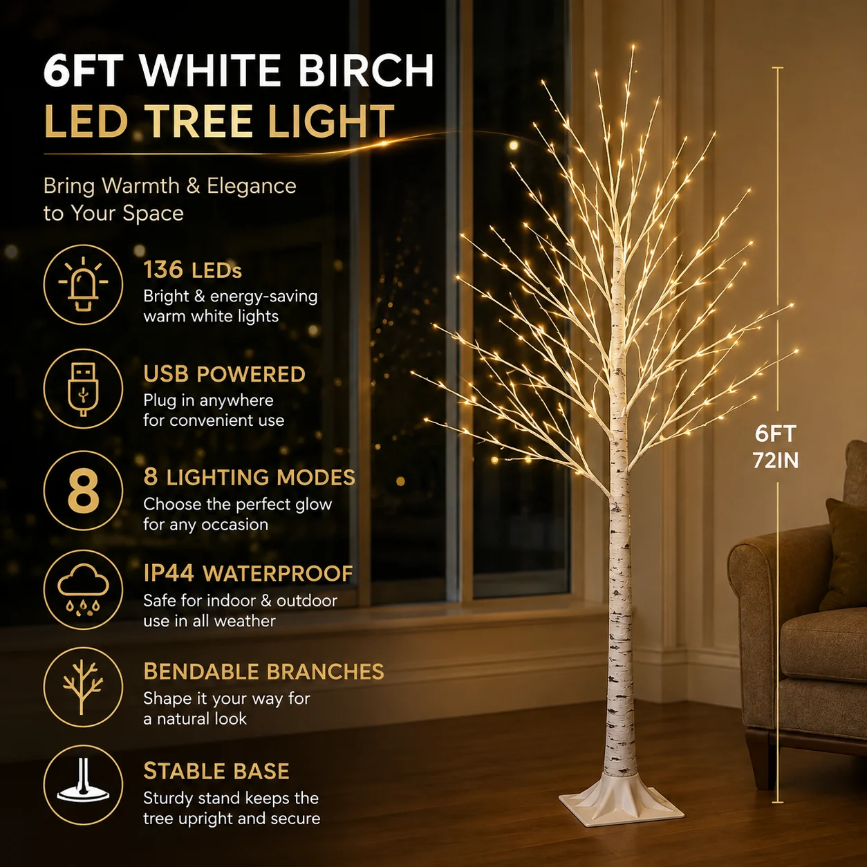 4,5,6FT Birch Tree with Lights, 64,96,136 LED Lighted for Indoor Outdoor Decor USB Powered & IP44 Waterproof, Adjustable Branches, 8 Lighting Modes for Indoor Outdoor Christmas Wedding Home Decor