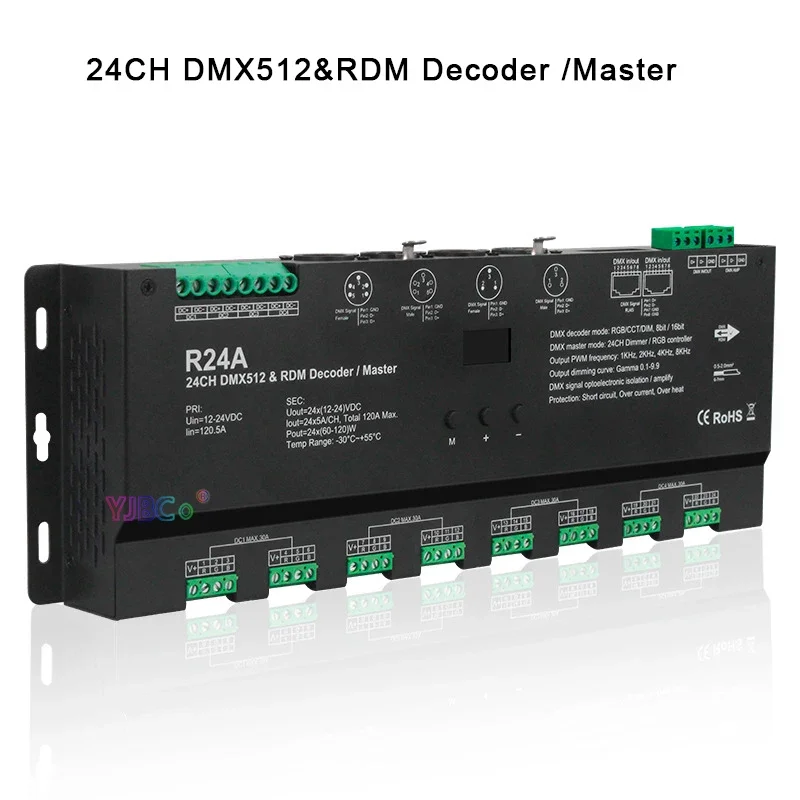 12V~24V 24 Channels RGB LED Strip DMX512&RDM Decoder/Master 5A* 24CH DMX decoder Controller PWM DMX512/RDM signal dimmer