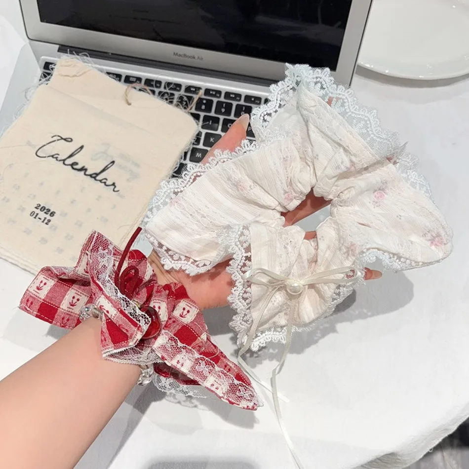 Korean Lace Large Scrunchie Ring Women Blue Plaid Square Scarf Hair Band Back Head Ball Head Ponytail Headgear Hair Tie HP01