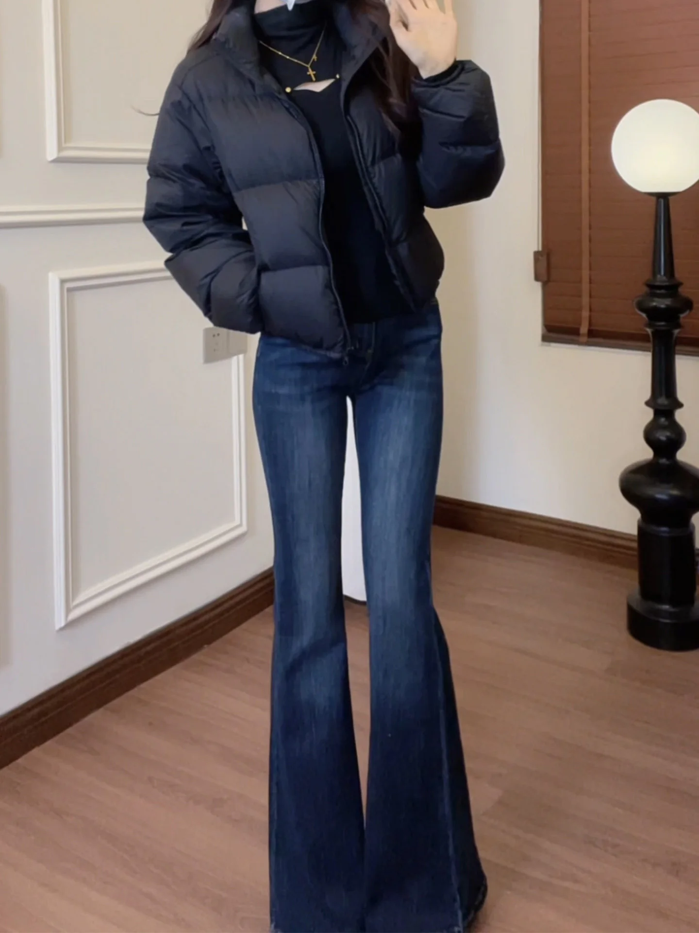 

Американские расклешенные джинсы на подкладке Fce, женские зимние новые широкие брюки с высокой талией, повседневные однотонные джинсы