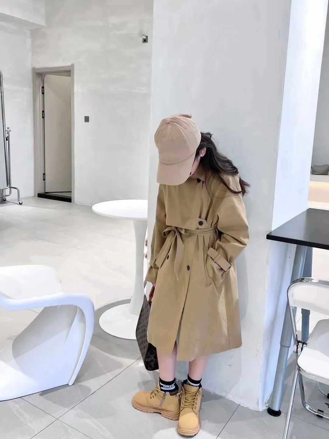 120-170CM Girl Trench Coat Spring and Autumn Children's British style Lace Up Mid Length Jacket