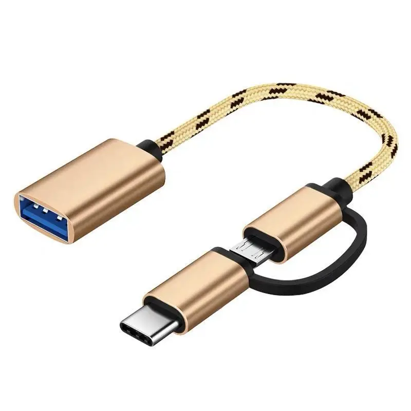 Braided Short 2 In 1 Micro USB Type C OTG Adapter Cord Male to USB-A Female Converter for Phone Tablet Stable Data Sync Portable