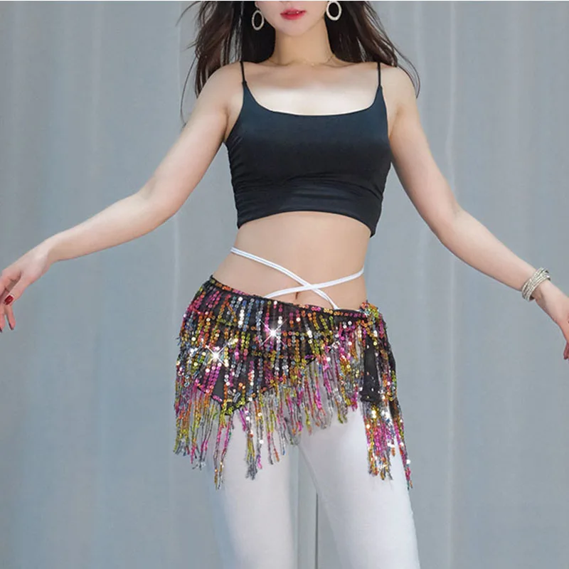 Women Sequins Glitter Belly Dance Hip Scarf Adjustable Shiny Strap Skirt for Concert Party Festival Rave Party Stage Costume