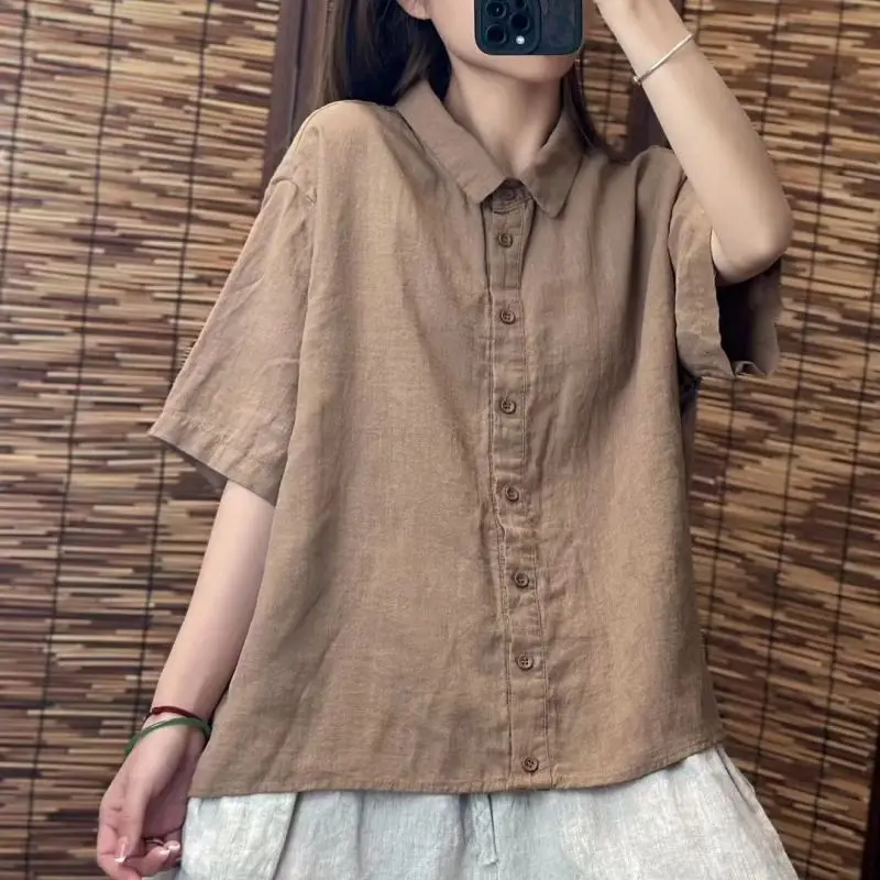 Women Summer Simplicity Loose Cotton and Linen Turn-down Collar Short Sleeve Shirts Women Clothes Casual Solid Color Trend Tops