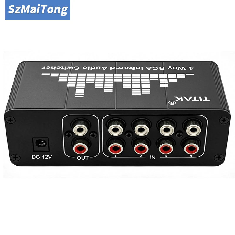 4-Way Stereo Audio Switcher 4CH IR Remote Control AV Signal 4-in-1-out Source Selector for CD Player Amplifier System