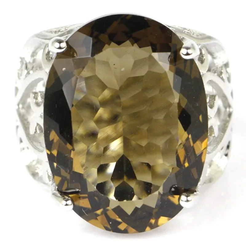 

10g 925 SOLID STERLING SILVER Customized Rings Big Gemstone Smoky Topaz Golden Citrine Women Dating Engagement Many Sizes 6-11