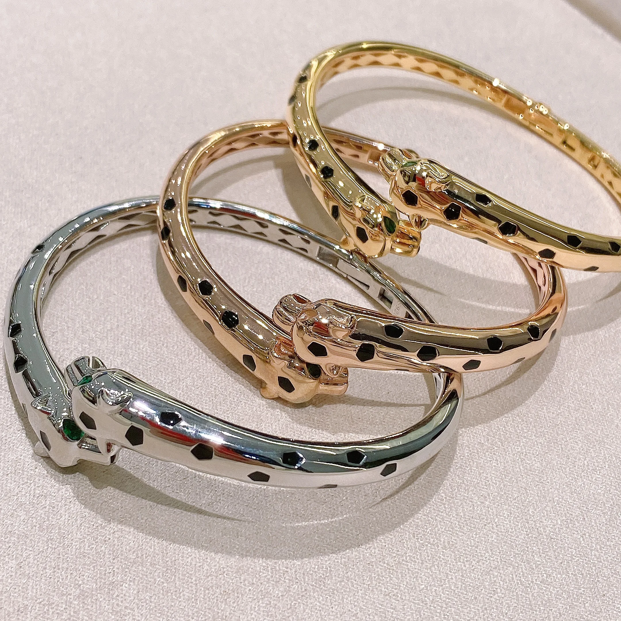 Luxury Solid 925 Silver With Black Panther Enamel Print Double Leopard Cuff Bangles Bracelets Panther Jewelry for Women Party