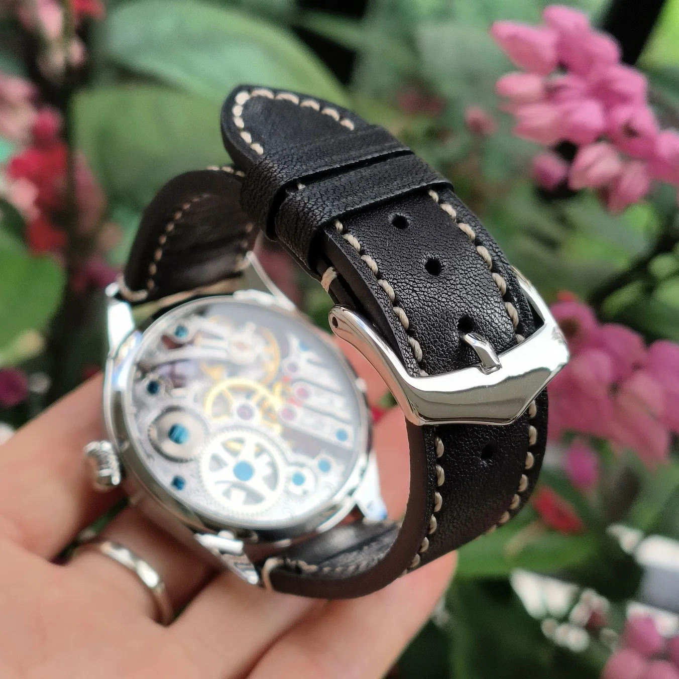 Montre mécanique à main sans cadran, sans logo, mouvement creux, bleu, cristal de saphir AR, 41mm, ST3600K