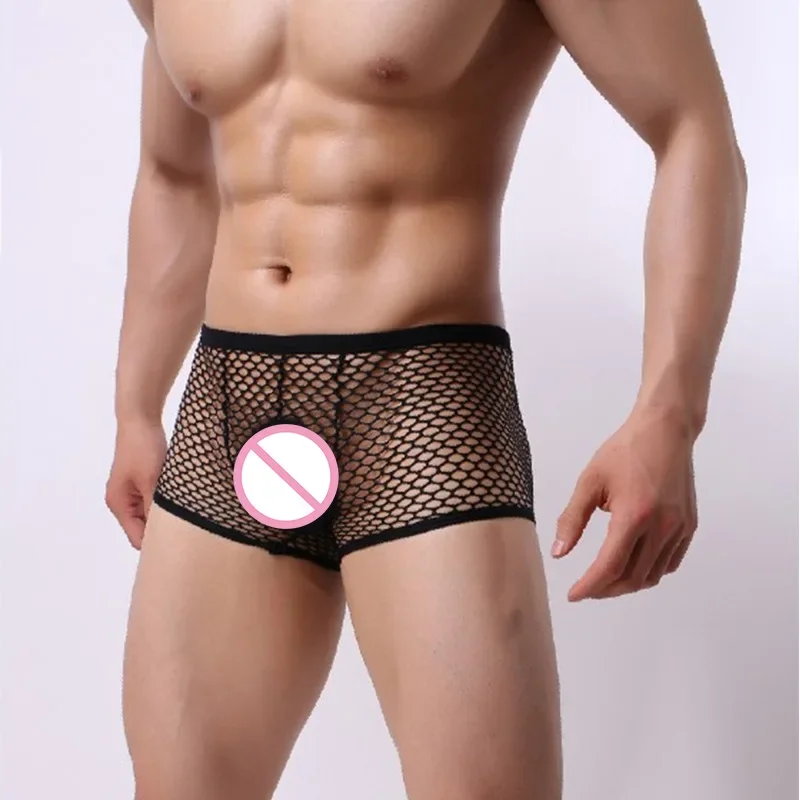 Large Mesh Men\'s Transparent Boxer Shorts Gays Nightclub Funny Lingerie Sissy Sexy Underwear See Through Trunck U Convex Panties