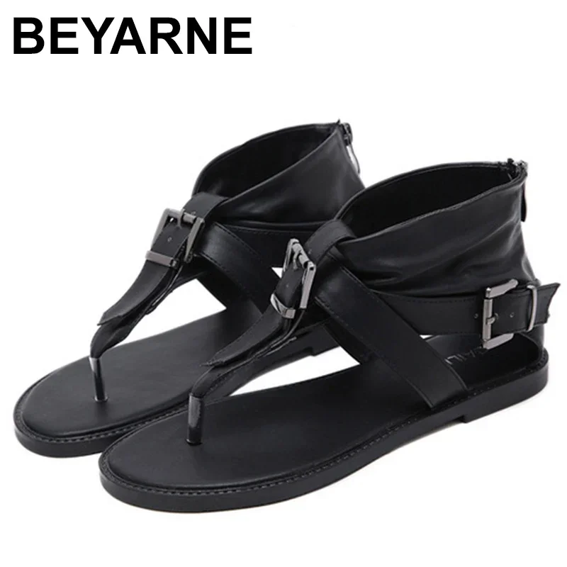 Gladiator Rome Sandals Buckle Strap Thong Pinch Toe Flat Shoes Gothic Ankle Wrap Summer Shoes Back Zip Girl Shoes