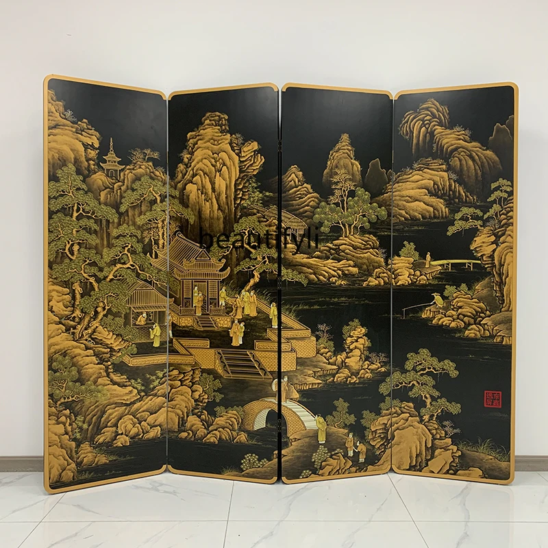 Chinese Hand-Painted Retro Calligraphy and Painting Screen Entrance Door Solid Wood Lacquer Painting Craft Foldable Screen