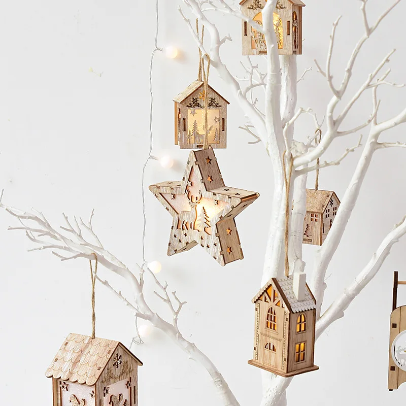 Merry Christmas LED Light Wooden House Luminous Cabin Christmas Decorations for Home DIY Xmas Tree Ornaments Kids Gifts New Year