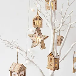 LED Light Wooden House para o Natal, cabine luminosa, DIY Xmas Tree Ornamentos, presentes para crianças, Feliz Natal Decorações, Ano Novo
