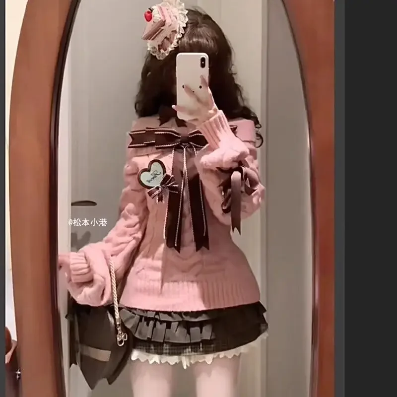 American Vintage Spice Girl Bow Bandage Off Shoulder Long Sleeved Knitted Sweater + Flounce Skirt + Simple Shirt Women 3Pcs Sets
