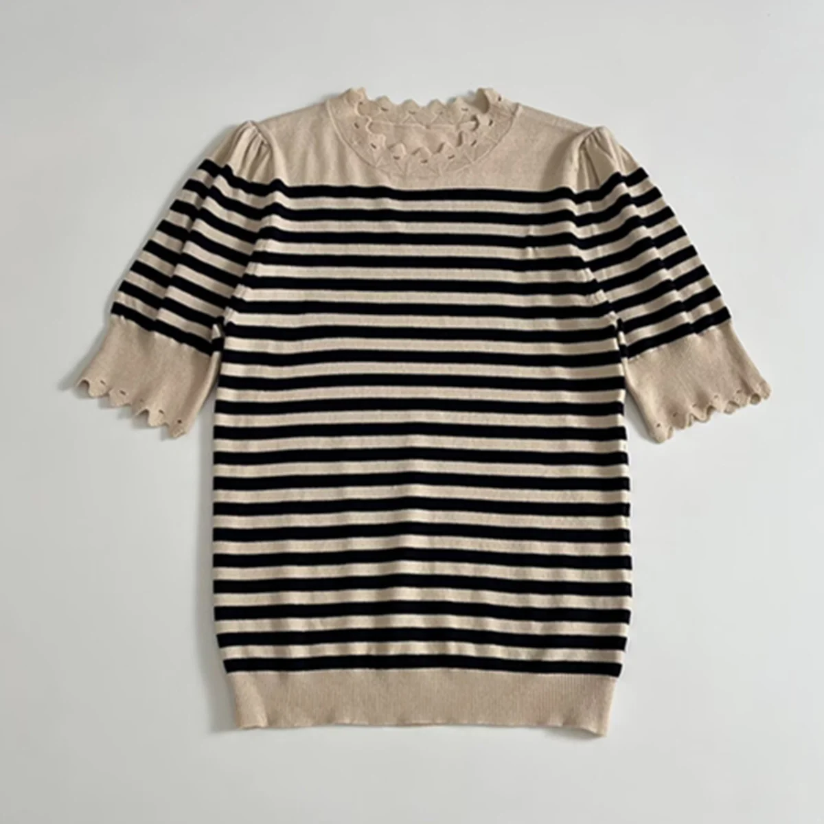 

Maxdutti French Elegant Lace Knitted Embroidered Striped T-shirt For Spring/Summer Tshirt Woman 2026 New Women's Clothing Tops