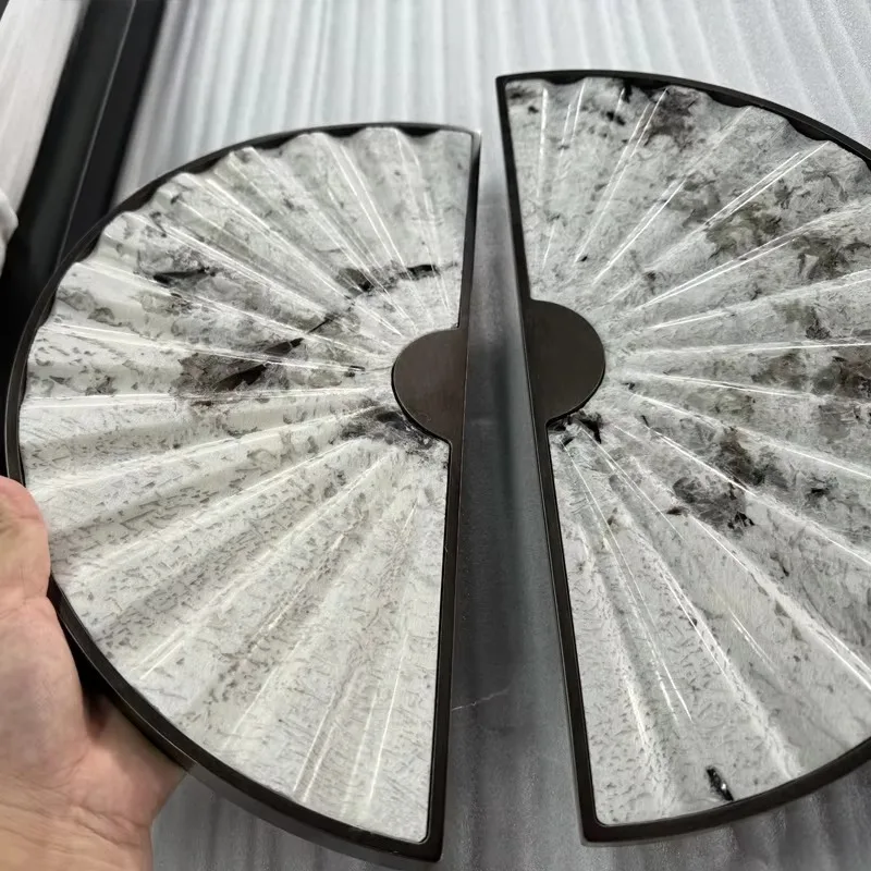 Half-round recessed marble door handle, random pattern bronze frame, luxury villa hotel glass
