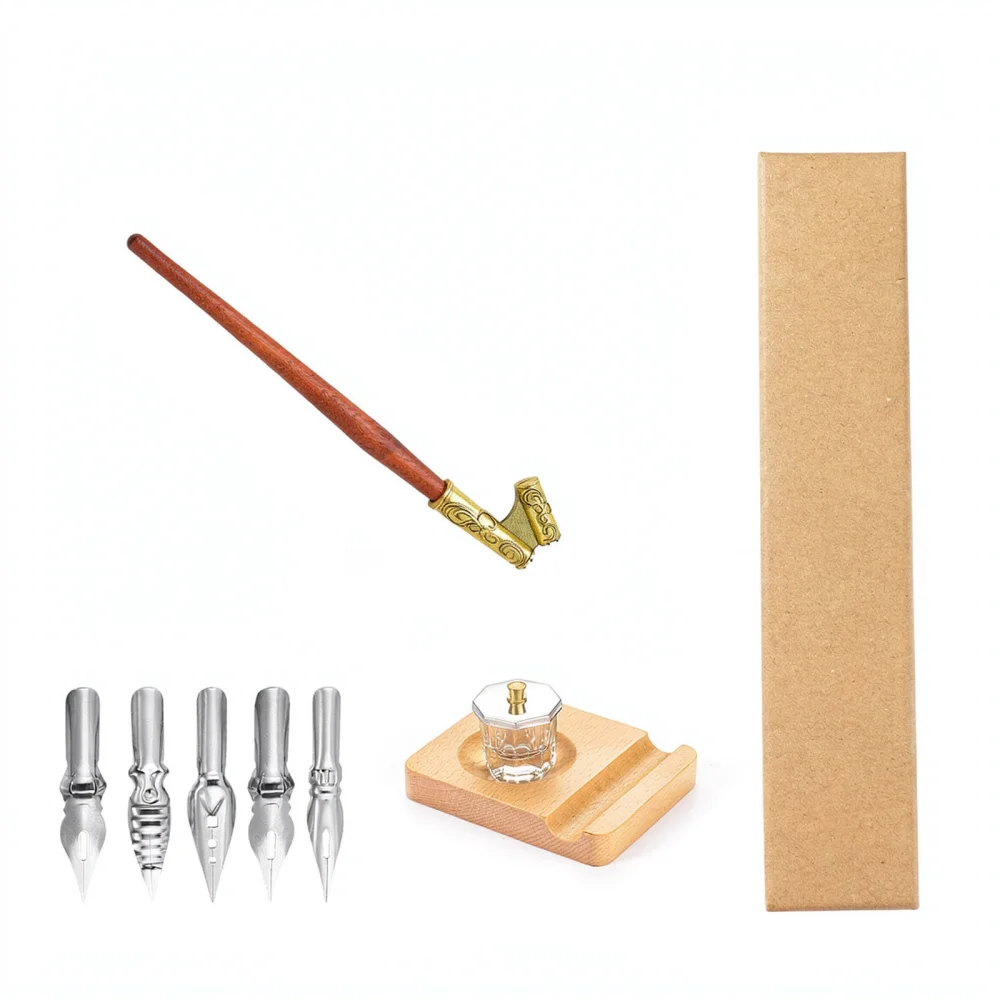 Retro Resin Dip Pen With Wood Rest And Glass Rinse Cup Calligraphy Stationary Set For Professional Lettering Art