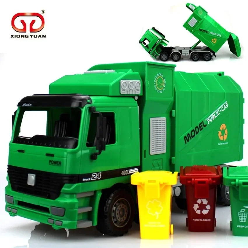 [Gift] Big Size Side Loading Garbage transfer car tricolor green trash traffic sanitation Truck Can Be Lifted With 3 Rubbish Bin