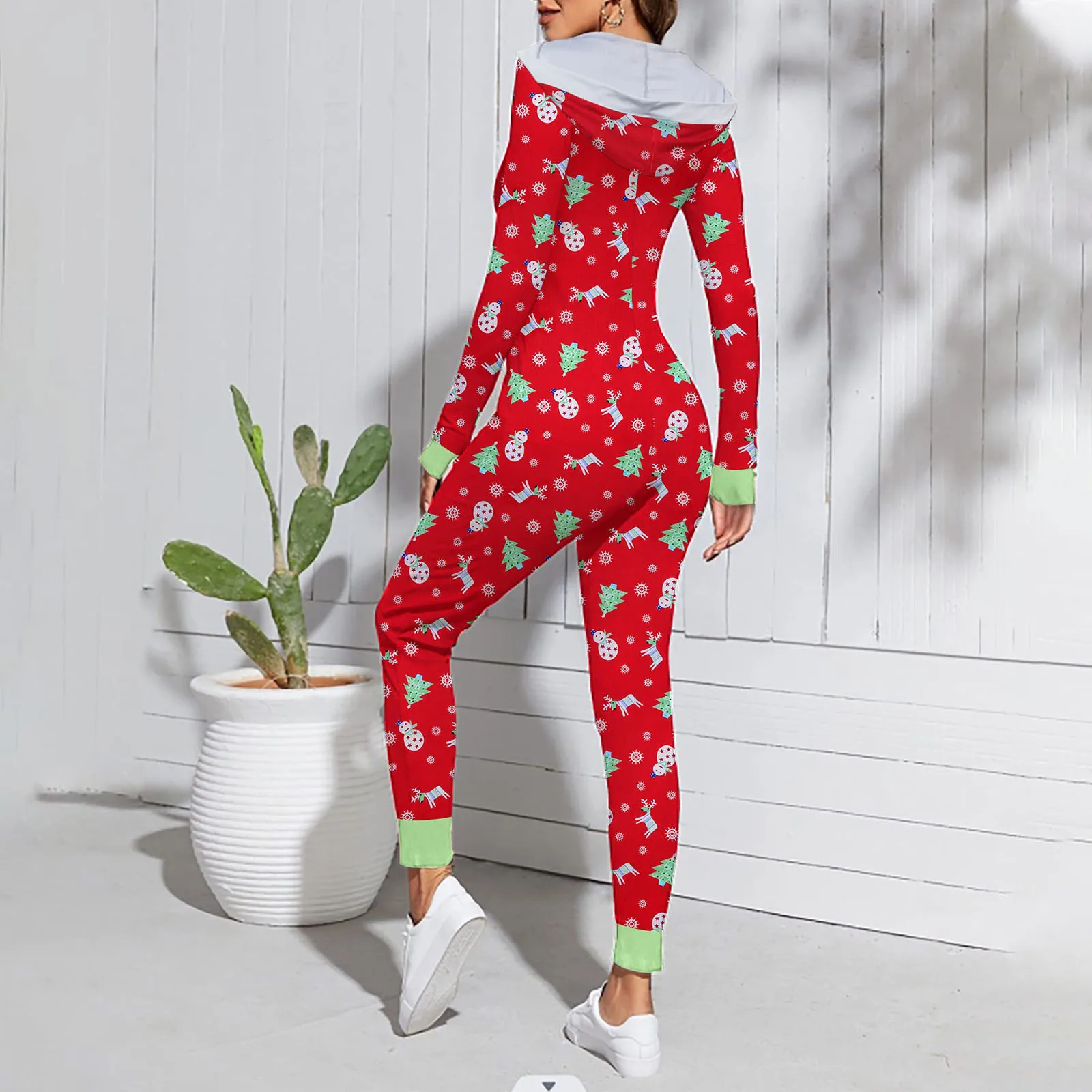 hirigin Women's Christmas Pajamas Romper Cute Print Long Sleeve Zip Up Hooded Jumpsuit Sleepwear Homewear Long Pant Rompers