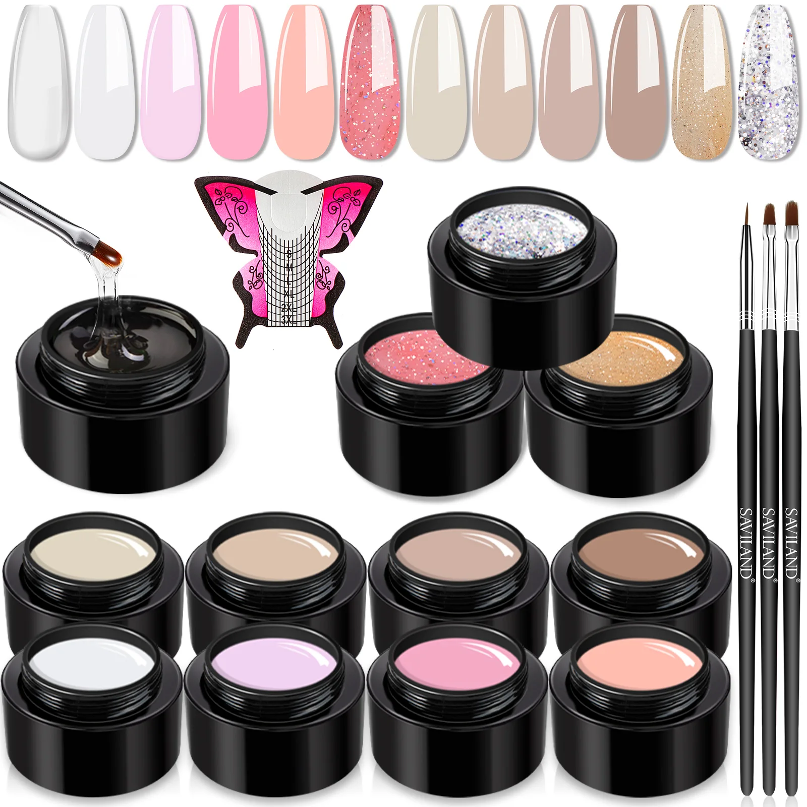 

SAVILAND 12 Colors Builder Nail Gel Nude Pink Glitter Builder Nail Extension Gel Soak-off UV Hard Nail Gels Manicure Starter Set