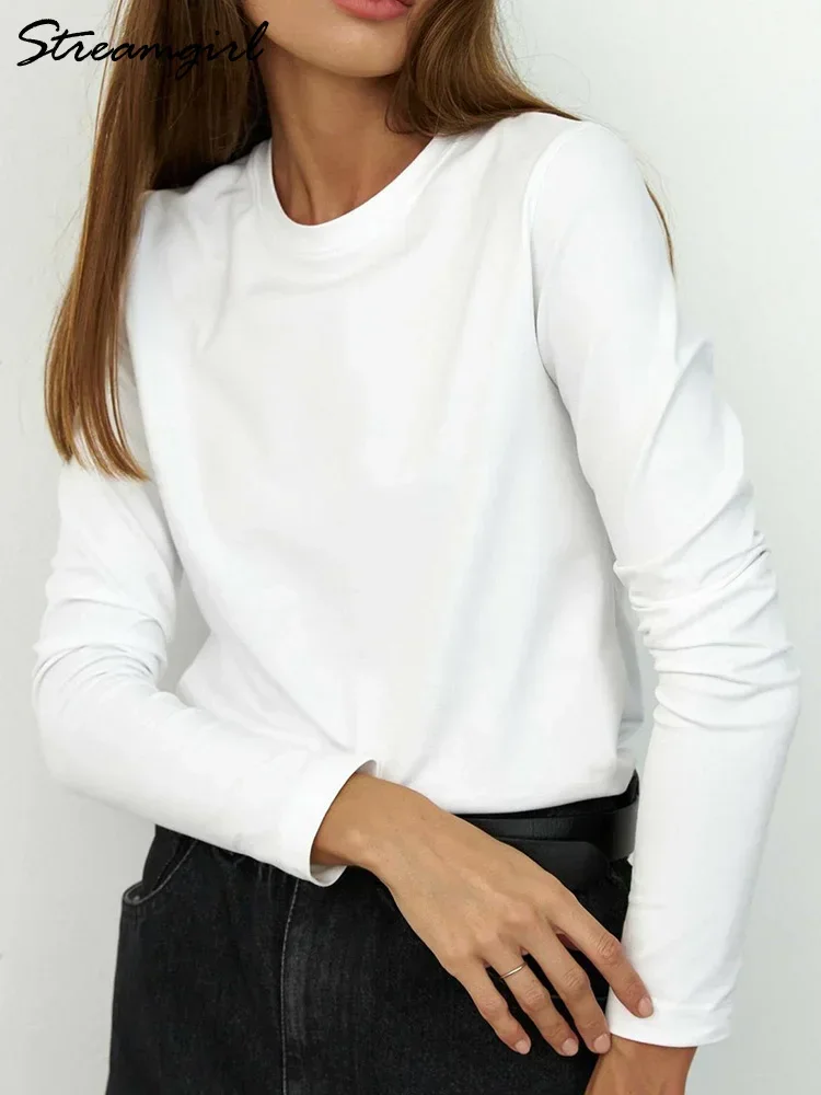 Streamgirl Long Sleeve T Shirt Women 100% Cotton Basic Tops Solid O Neck Casual Loose Tshirts Women's White Tops For Ladies 2024