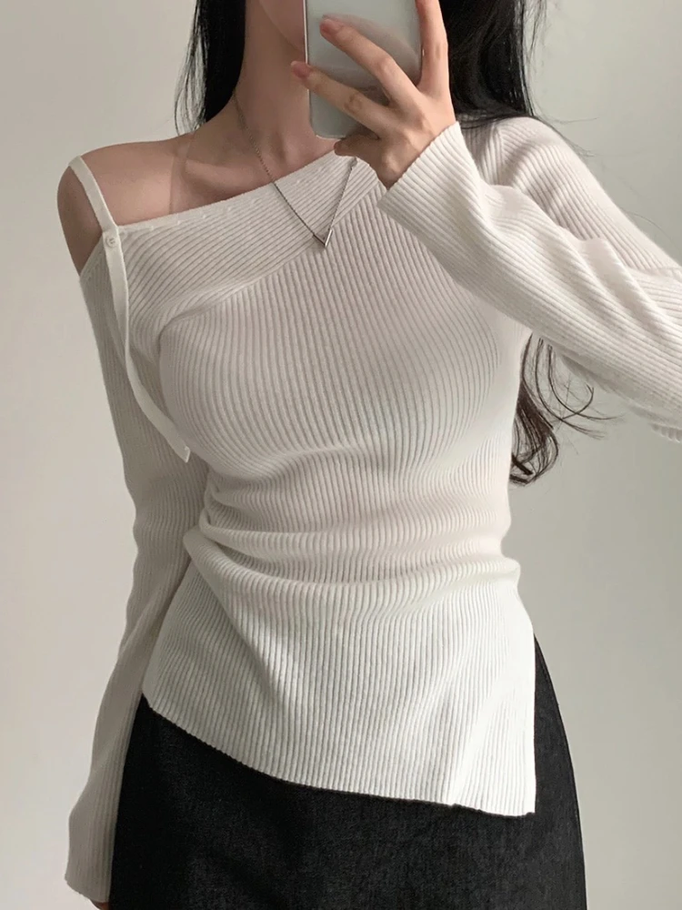 Casual Open Vork Onregelmatige Lange Mouwen Gebreide Dames Ontwerp Off Shoulder Ruches Slanke Tops Vrouwelijke Koreaanse Elegante Strappy Solide Top