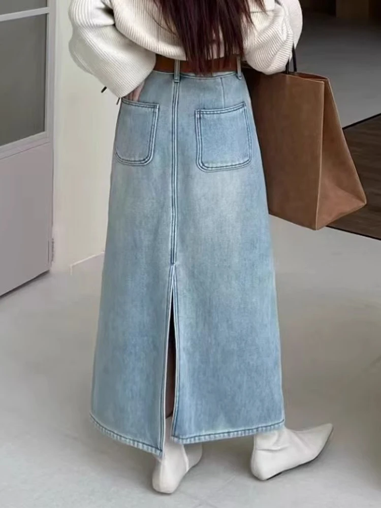 Vintage Harajuku Washed Jeans Skirts Women Loose Casual Back Split High Waist Denim Skirts Y2K Korean Fashion Long Skirts Female