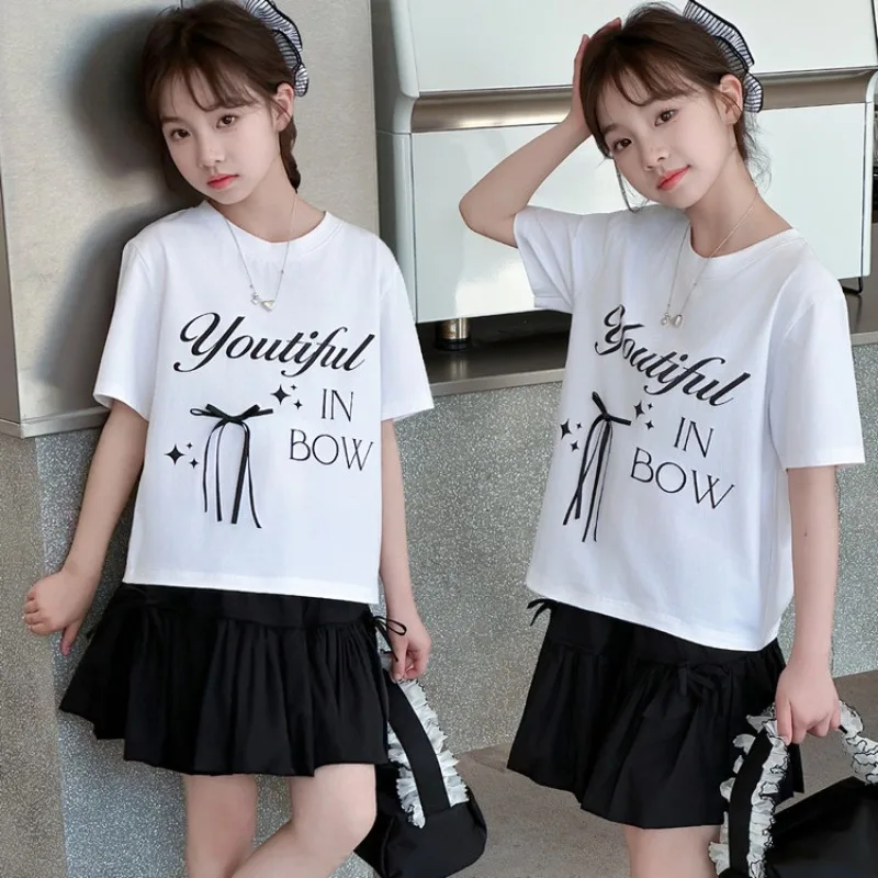 

Girl's Summer Clothing Set Fashion Children Round Neck Printed Short-Sleeve Top + A-Line Skirt Two-Piece Set 2025 New