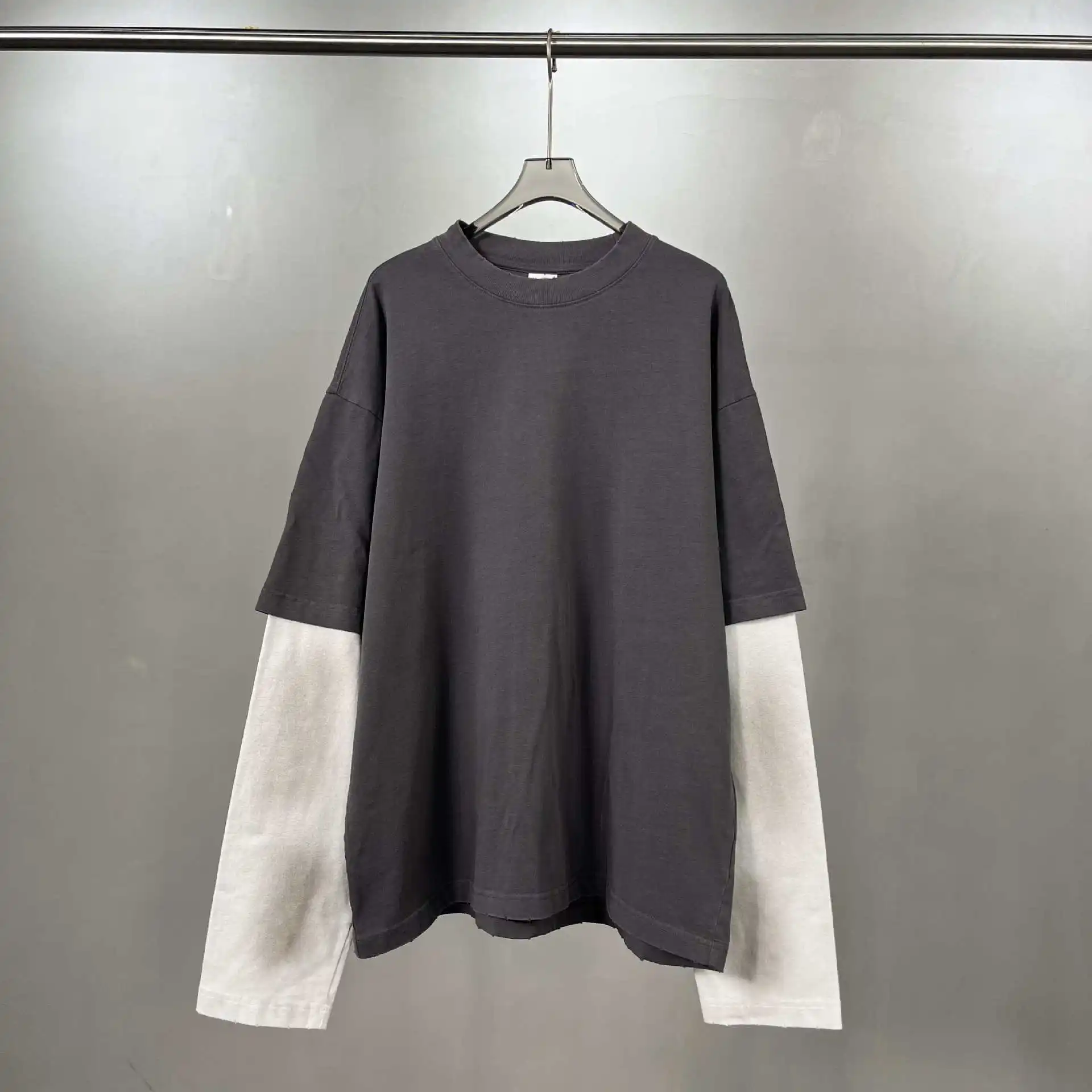 

Men's 2025 High Quality Long Sleeve T-shirt Spray Waste Soil Wind Fermentation Wash Fake Two Contrasting 275G