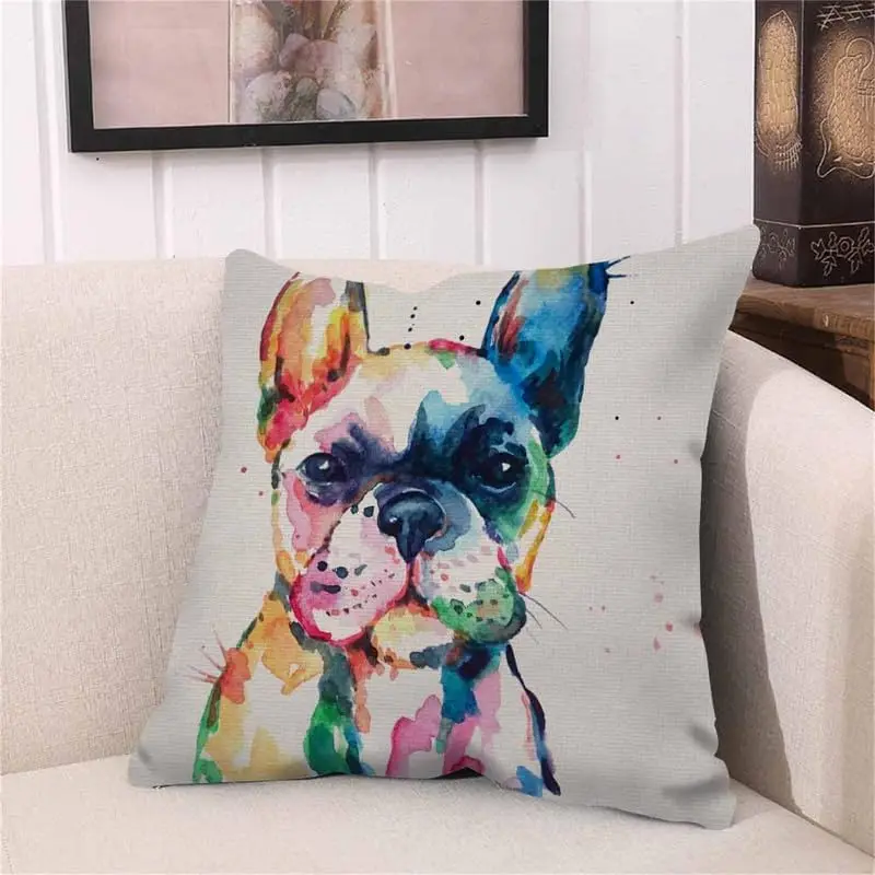 Throw Pillow Covers Head Frenchie French Bulldog Original Watercolor Dog Wildlife Rainbow Funny Happy Puppy Companion Pillow Cas