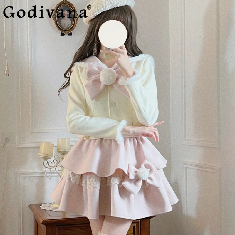 

Female Lolita Sweet Skirt Suits Autumn Winter Woolen Top Pink Cake Skirt Two Piece Set Women Japanese Style Bowknot Outfits