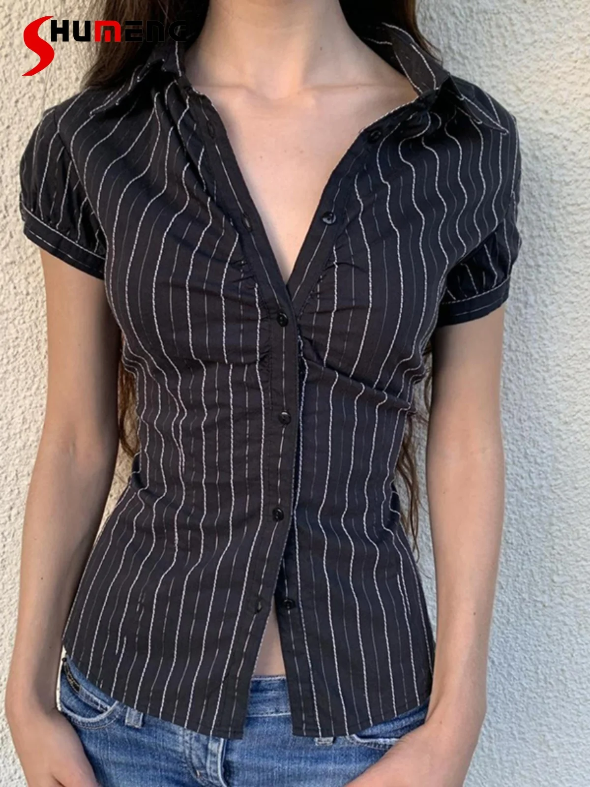 

American Hot Girl Sexy V-neck Striped Shirt Women Slim-Fit Elegant All- Match Workplace Casual Short-Sleeve Top Women Blouses