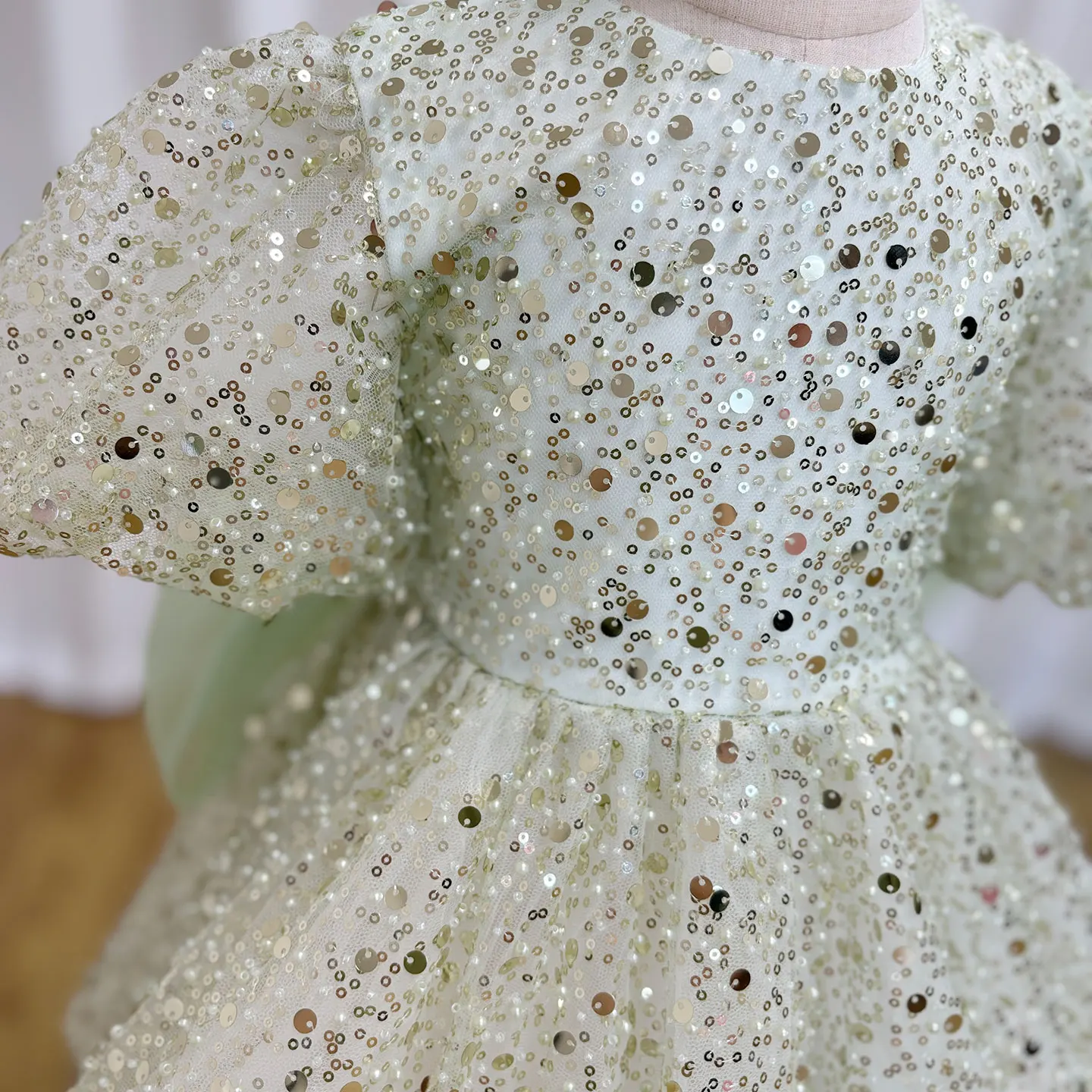 Cute Mint Green Sparkle Lace Short Kid Dresses Flower Girls Dresses Big Bow Short Puff Sleeves Daughter Birthday Party Dresses