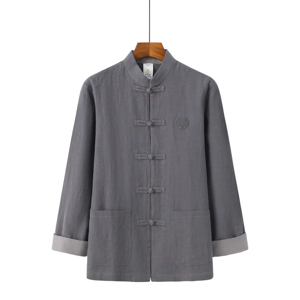 Spring Men Linen Tunic Coat Green Red Gray Blue Mandarin Collar Button Design Jacket Outerwear For The Year of the Dragon 2024