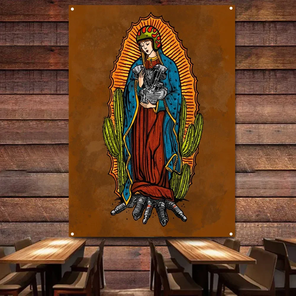 

Our Lady Holding Engine Vintage Banner Motorcycle Painting for Garage Gas Station Man Cave Auto Repair Shop Home Decor Poster