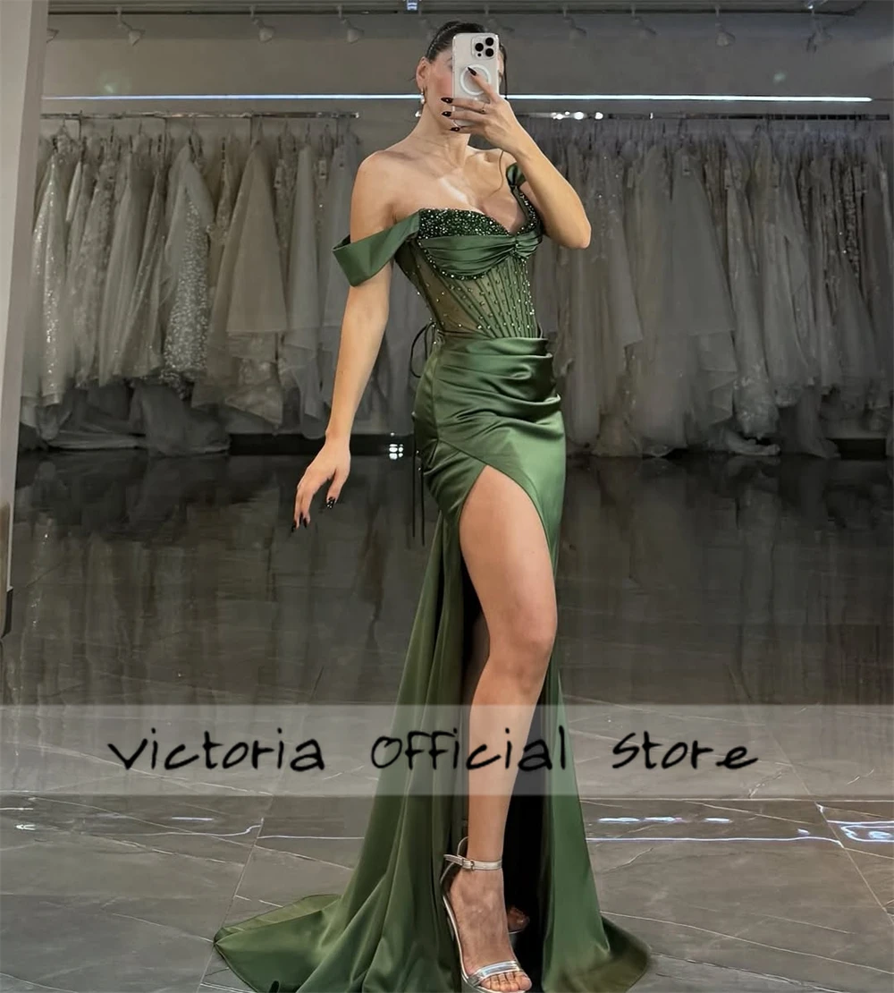 Vestido de noche verde glamuroso con hombros descubiertos, corsé de sirena con cristales divididos altos, vestidos de fiesta de noche árabes, cóctel personalizado