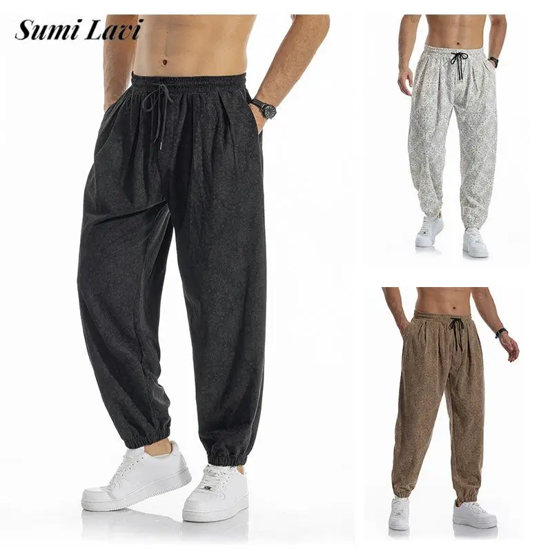 2026 Autumn Warm Print Pattern Corduroy Pants Mens Daily Outdoor Tie-up Loose Trousers For Male Streetwear Vintage Jogger Pants