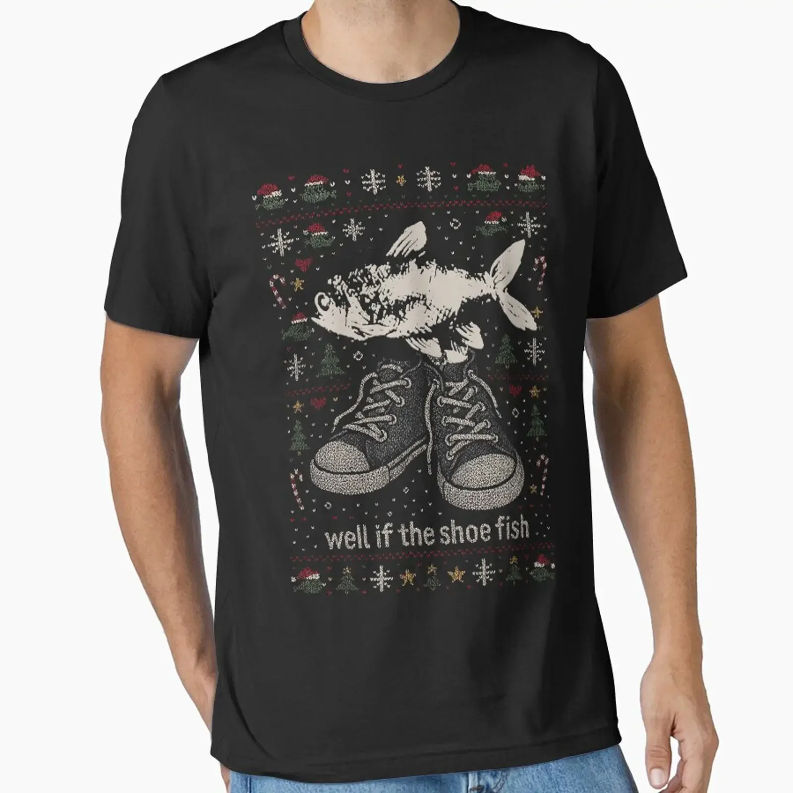 Well If The Shoe Fish Funny Meme Ugly Christmas T Shirt 90s Retro Weirdcore Xmas Bass Fishing Ironic Y2K  vintage Washed