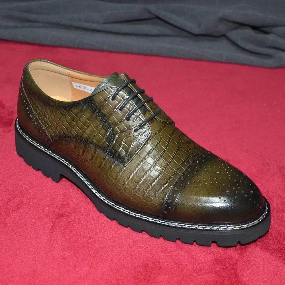 Luxury Men\'s Derby Dress Shoes Elegant Crocodile Print EVA Comfortable Sole Real Cow Leather Cap Toe Casual Oxford Sneakers