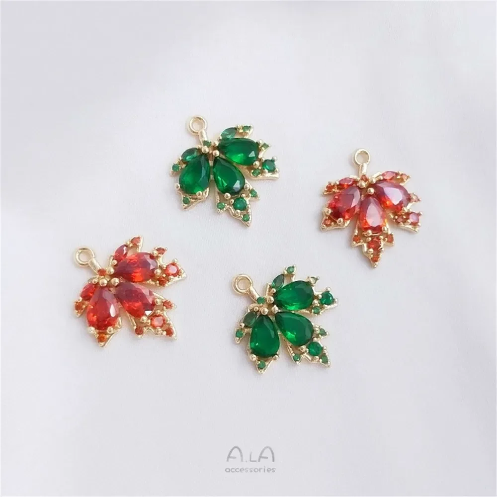 Maple Leaf Pendant 14K Pack Gold Micro Set Zircon Green Red Leaf Pendant DIY Earrings Necklace Charms Pendant K471