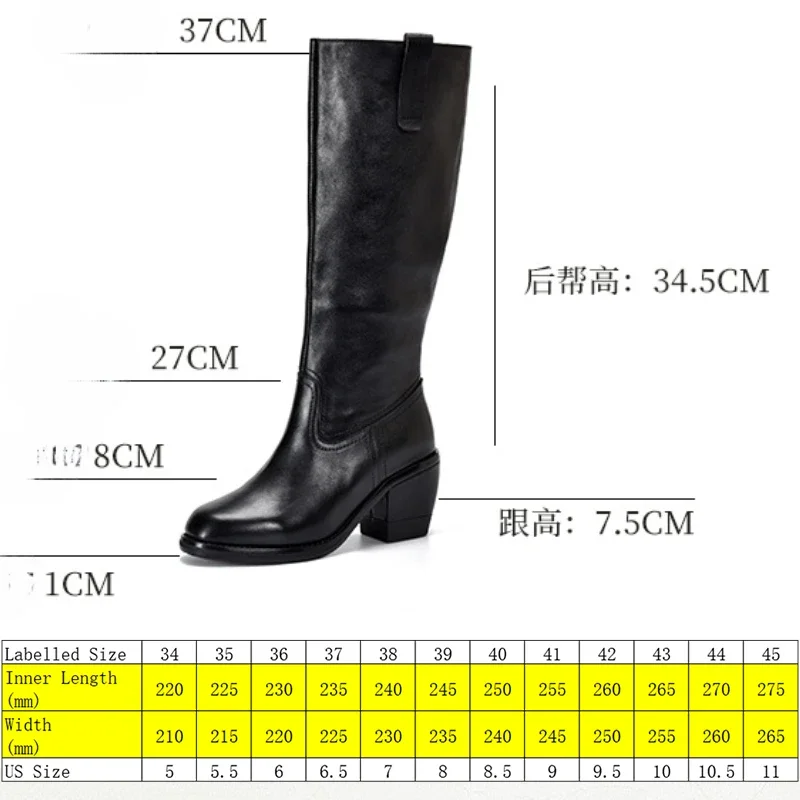 Koznoy 7.5cm Genuine Leather Spring Chunky Heels Boots Women Chimney Booties Autumn  Winter Plush Fashion Zip Knee High Shoes