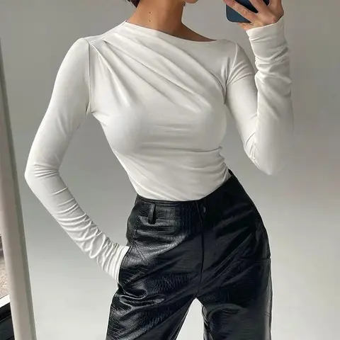 긴 소매 탑 화이트 티셔츠 여성 기본 자르기 탑 가을 폴오버 솔리드 스큐 넥 티셔츠 streetwear 기본 블랙 y2k 티셔츠