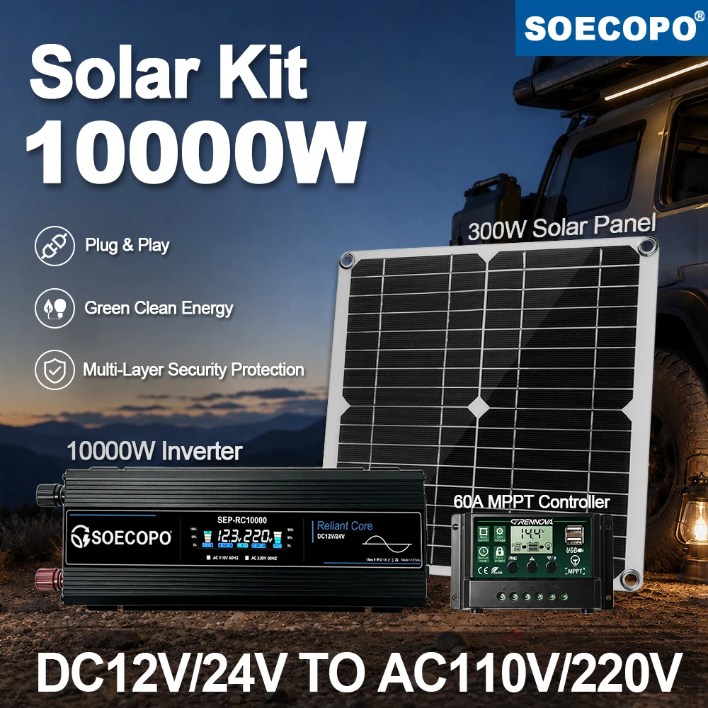 10000W Solar Power Kit 300W Panel 60A MPPT Controller DC 12V/24V To AC 110V 60Hz or 220V 50Hz USB Inverter for Fan Camping RV
