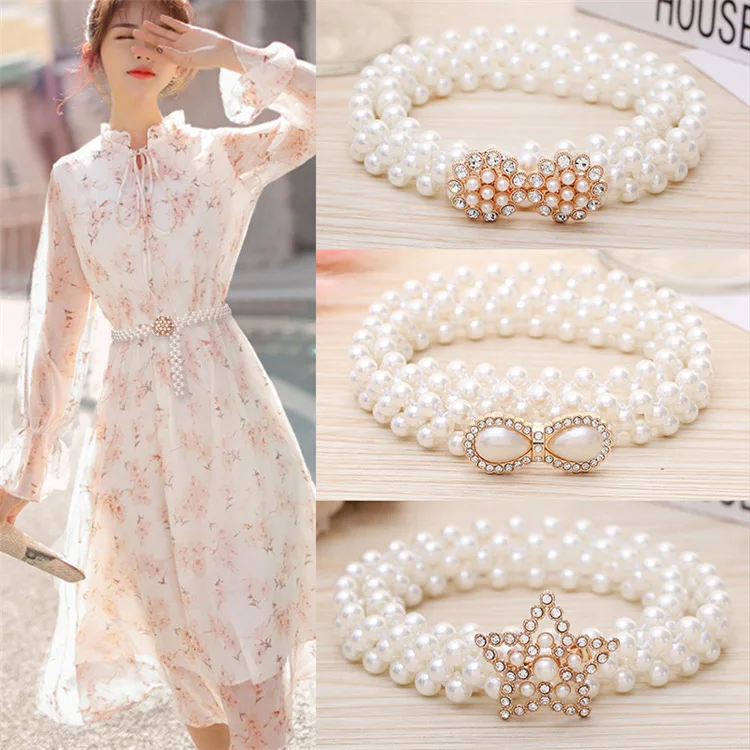 Korean and Japanese Fashion Women's Pearl Fine Waist Chain Matching Dress Summer Simple Inlaid Rhinestone Elastic Waistband